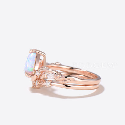 Nature Inspired Pear Shaped Opal Engagement Ring Rose Gold Leaf Ring