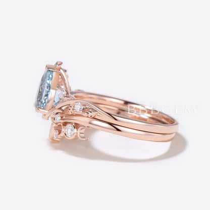 Heart Design Pear Aquamarine Engagement Ring Leaf Moon Ring