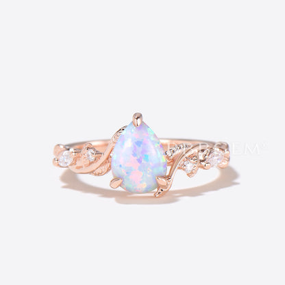 Nature Inspired Pear Shaped Opal Engagement Ring Rose Gold Leaf Ring