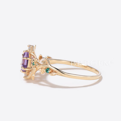 Gold Snake Engagement Ring Floral Amethyst Ring Diamond Serpent Ring