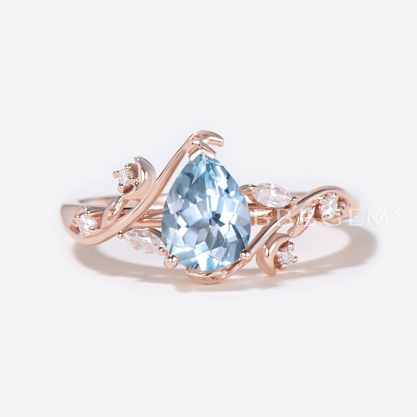 Heart Design Pear Aquamarine Engagement Ring Leaf Moon Ring