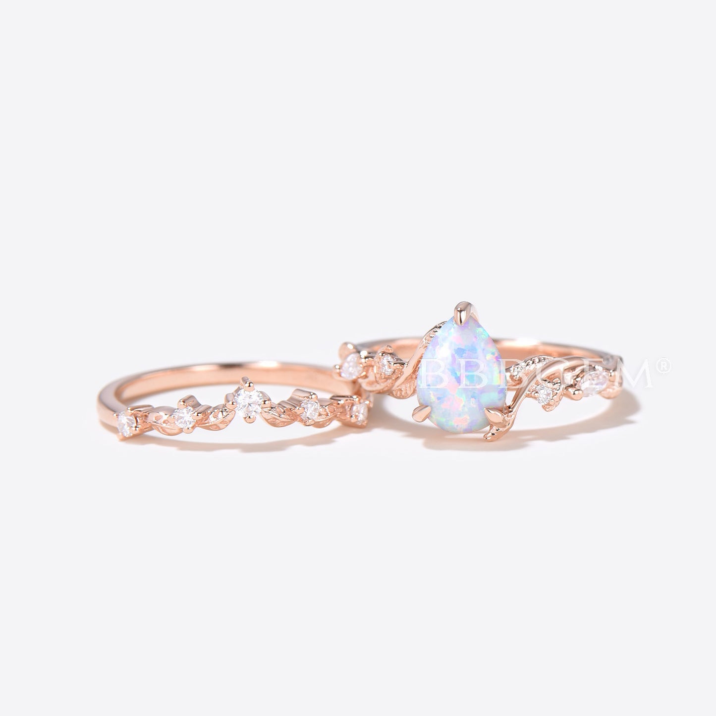 Nature Inspired Pear Shaped Opal Engagement Ring Rose Gold Leaf Ring