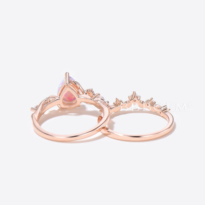 Nature Inspired Pear Shaped Opal Engagement Ring Rose Gold Leaf Ring