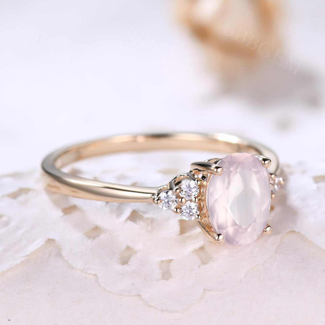 Dainty Rose Gold Rose Quartz Engagement Ring Diamond Ring Plain Gold Band