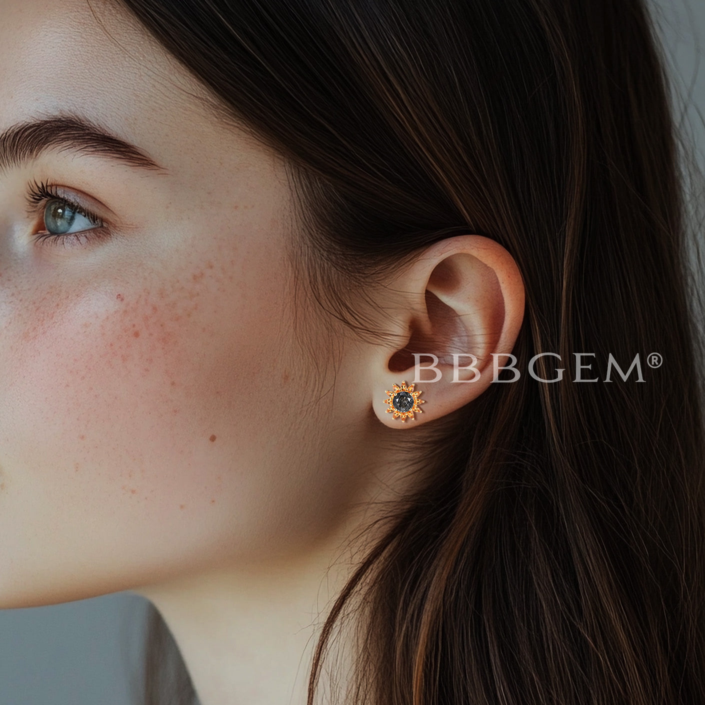 Round Cut Natural Black Rutilated Quartz Stud Earrings Citrine Halo Earrings