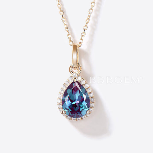 Pear Shaped Alexandrite Necklace Halo Diamond Pendant