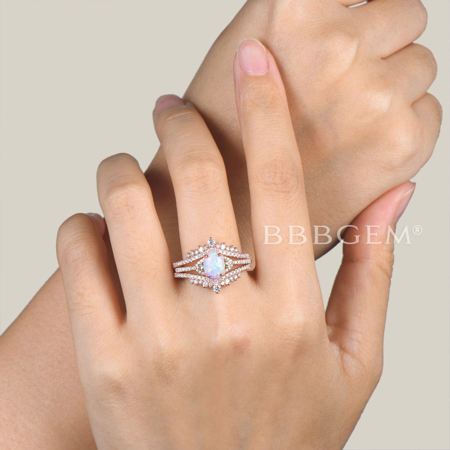 Oval Cut White Opal Cluster Bridal Ring Set Moissanite Enhancer Wedding Band