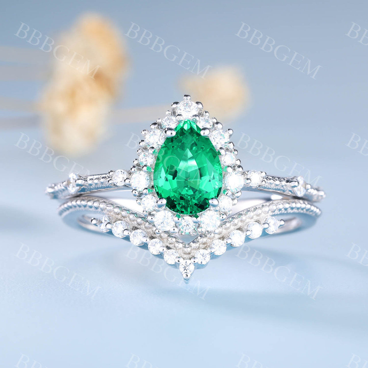 Pear Emerald Ring Set Green Emerald Gemstone Anniversary Ring CZ Chervon Band