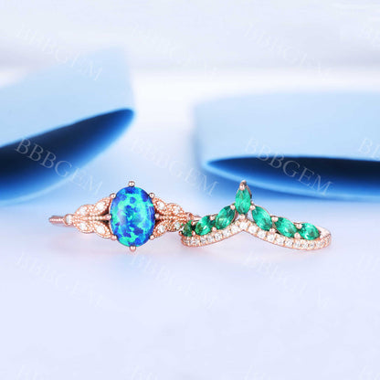 Oval Black Opal Ring Diamond Emerald Crown Curve Eternity  Band Set