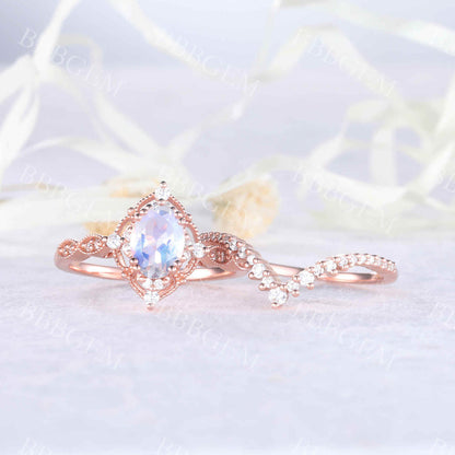 Unique Moonstone Engagement Ring Set-BBBGEM 0.7 Carat rainbow moonstone ring set