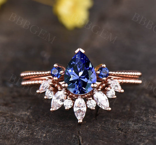 Three Stone Pear Tanzanite Engagement Ring Sets-BBBGEM Pear Tanzanite Moissanite Bridal Set