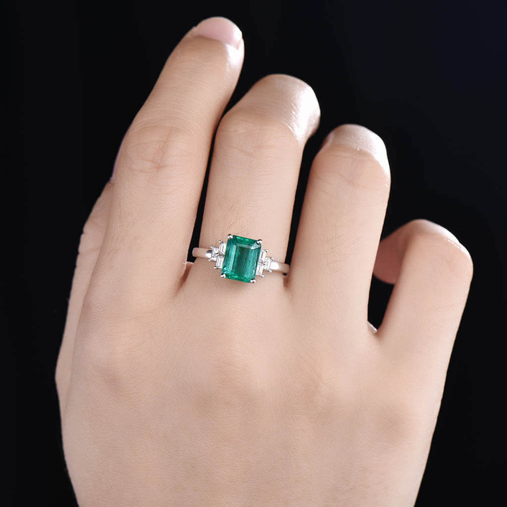 Solitaire Natural Emerald Cut Emerald And Baguette Cut Diamond Engagement Ring