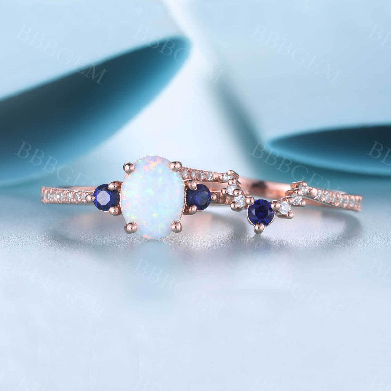 Sapphire Opal Bridal Set Antique Diamond Wedding Matching Band