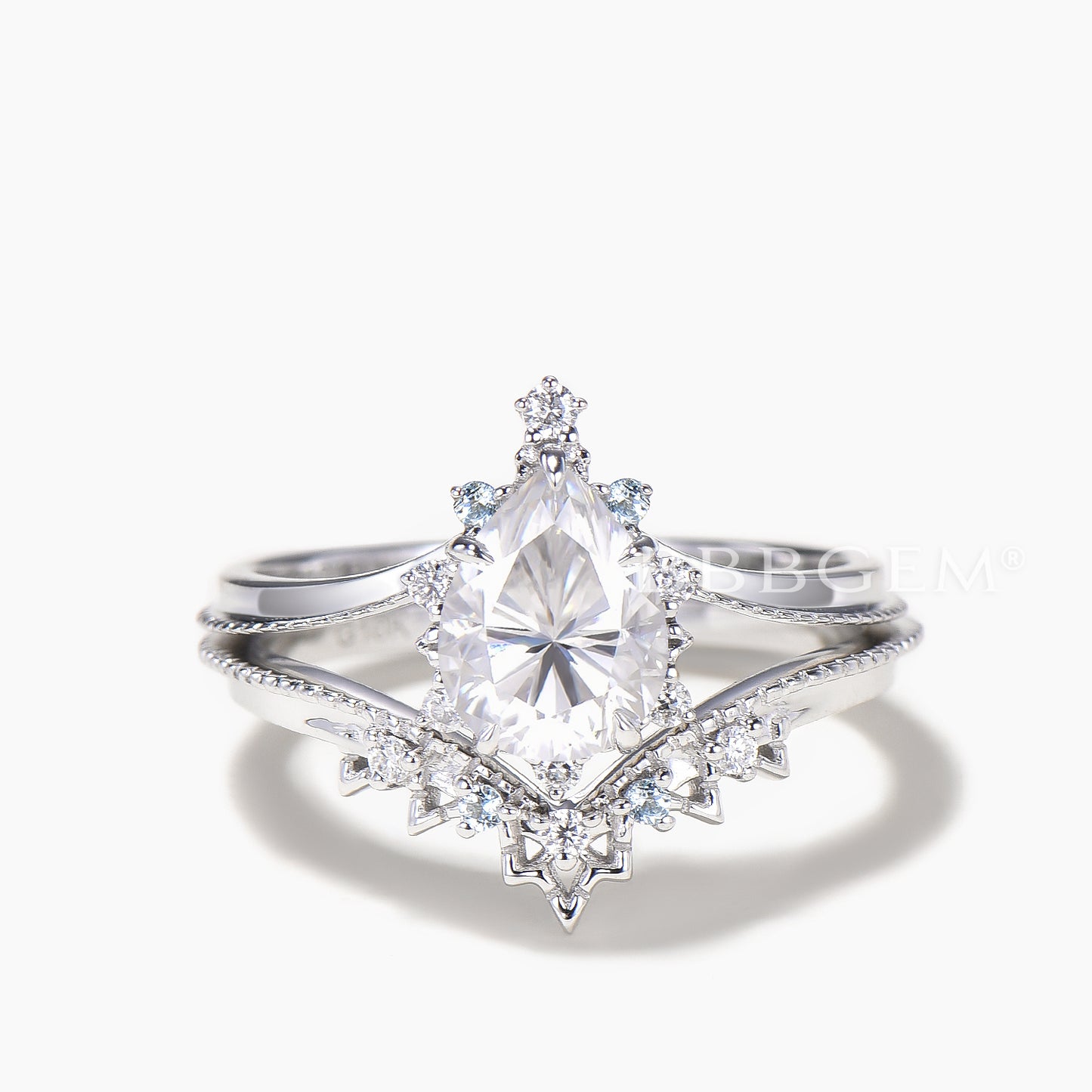 Pear Cut IGI Certificate Lab Grown Diamond Curved Ring Set Topaz Crown Band