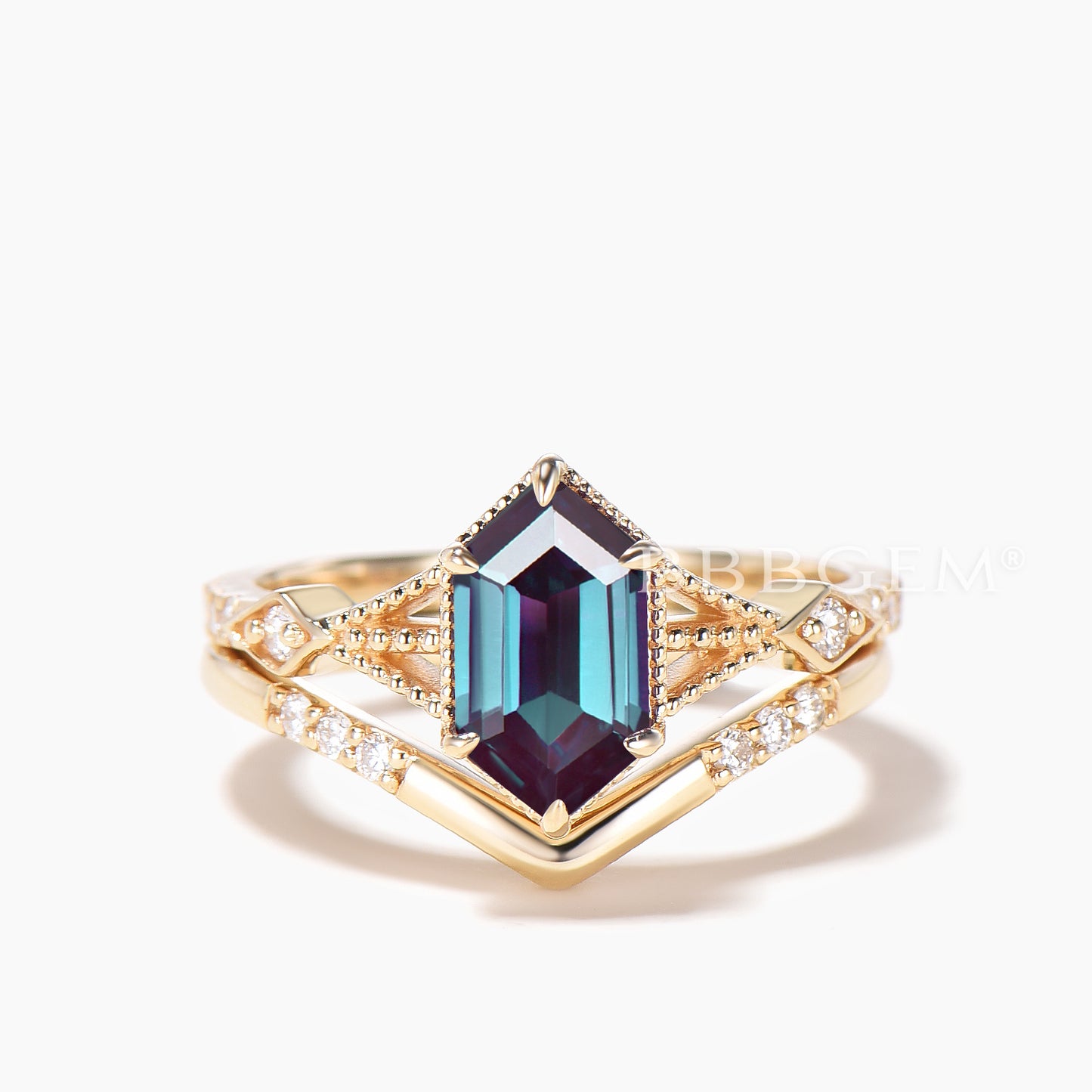 Hexagon Cut Color-change Alexandrite Bridal Ring Set Diamond Curved Band