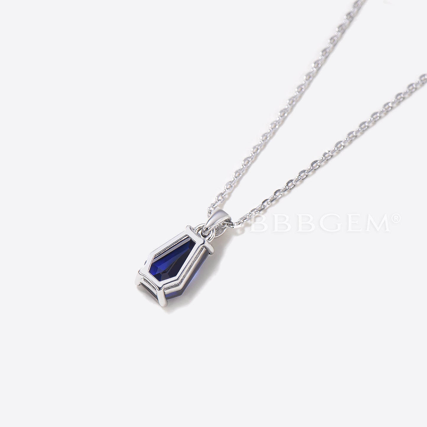 Coffin Cut Blue Sapphire Necklace 14k White Gold Wedding Pendant