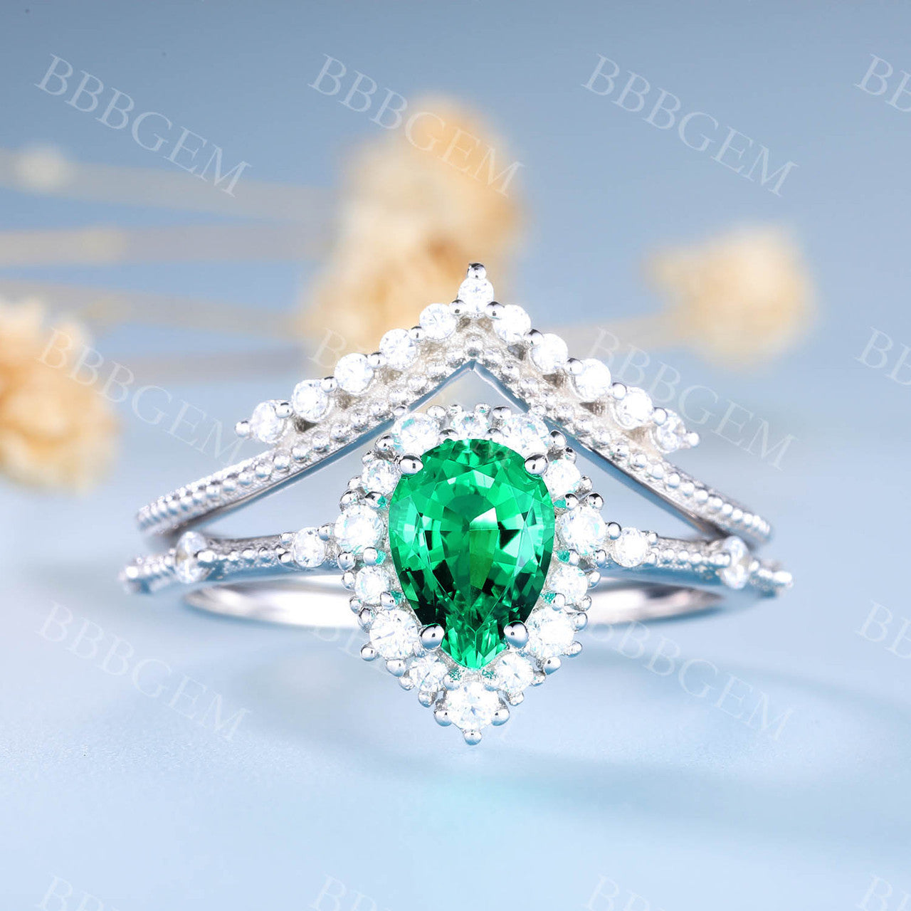 Pear Emerald Ring Set Green Emerald Gemstone Anniversary Ring Diamond Chervon Band