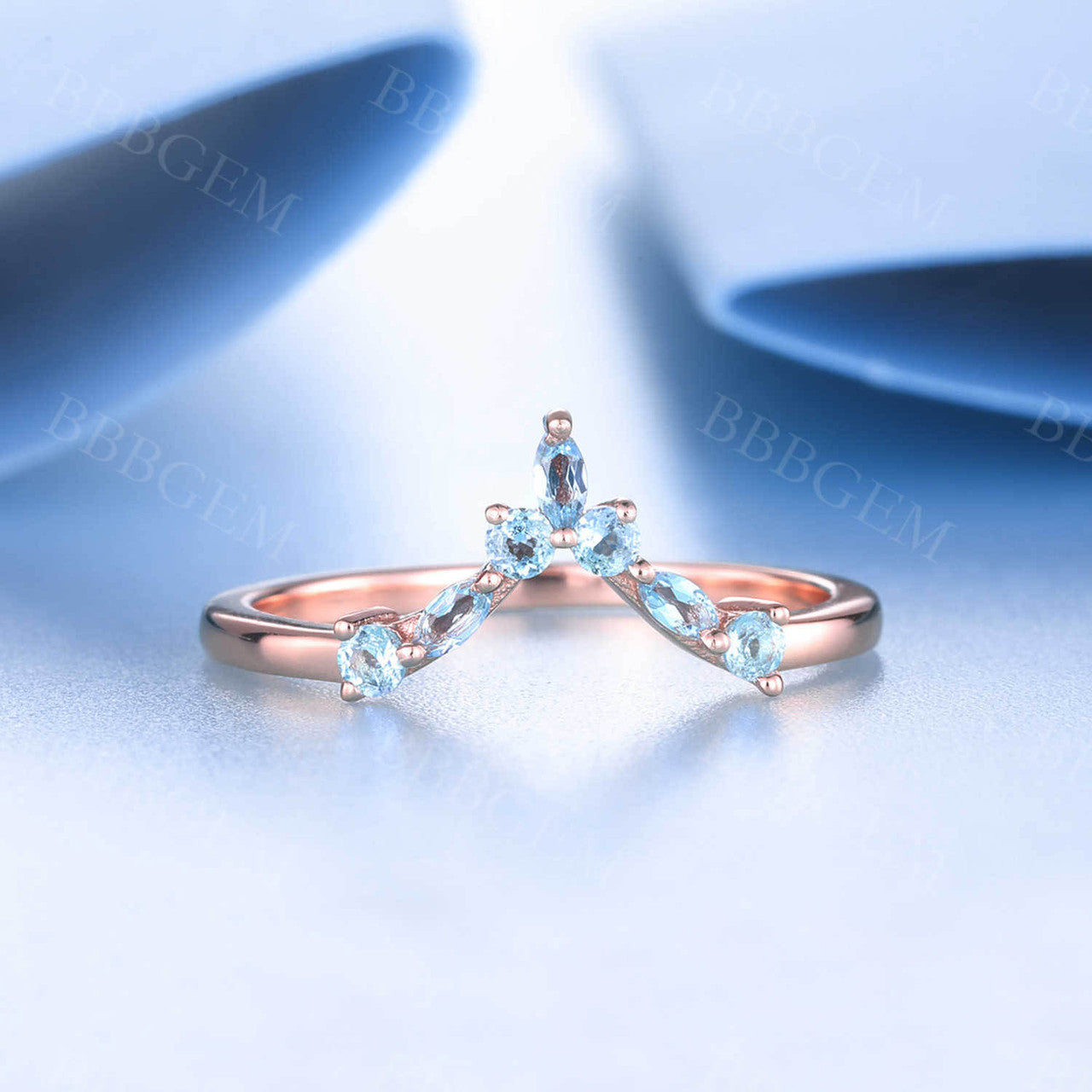 14K Rose Gold Blue Topaz Wedding Band Dainty Curved Stacking Ring December Birthstone Ring Gemstone Band