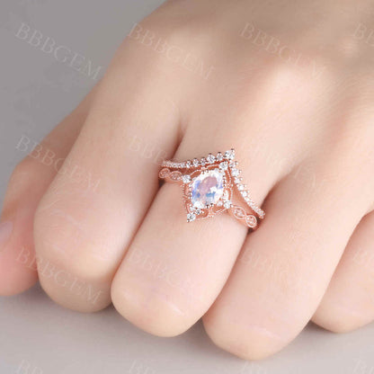 Unique Moonstone Engagement Ring Set-BBBGEM 0.7 Carat rainbow moonstone ring set