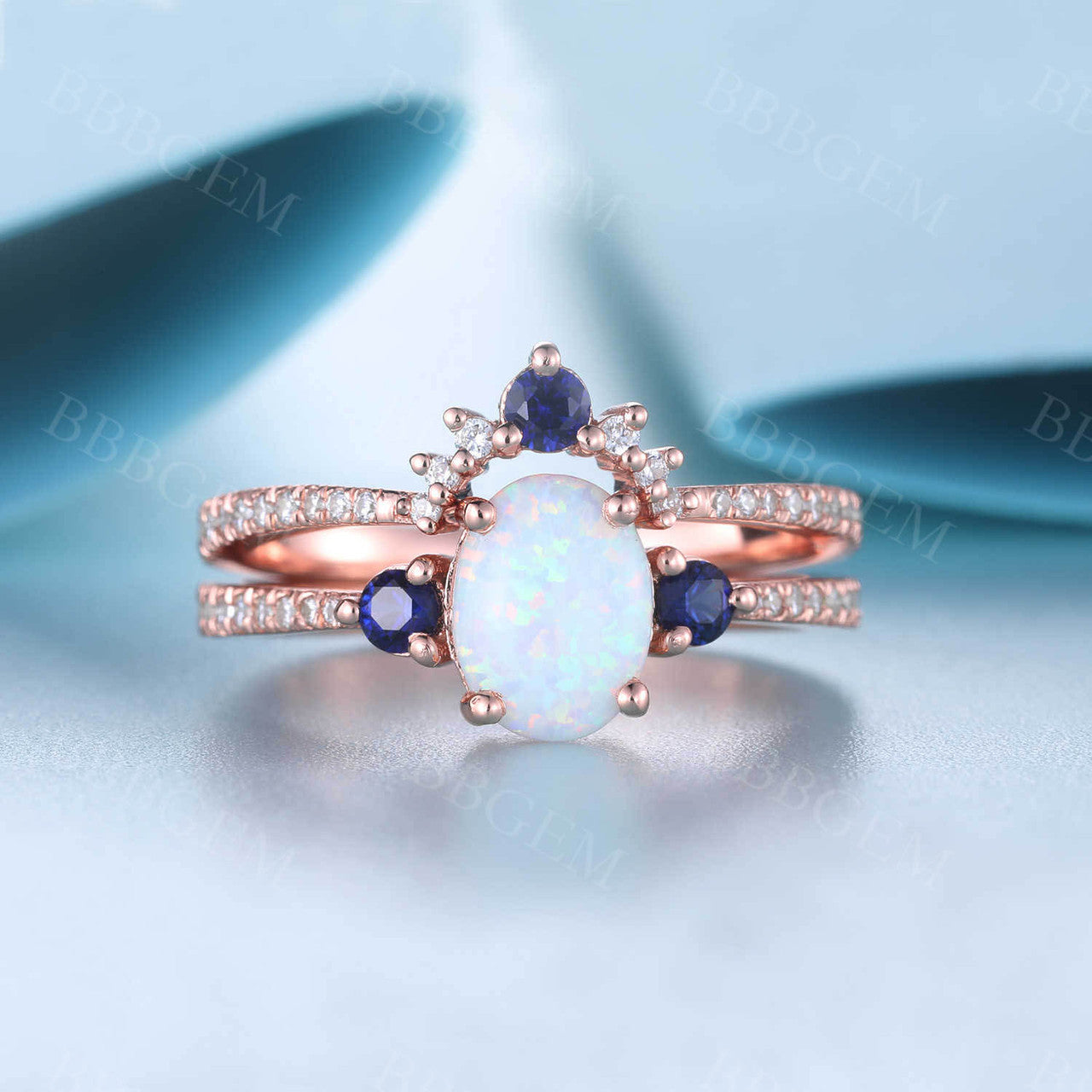 Sapphire Opal Bridal Set Antique Diamond Wedding Matching Band