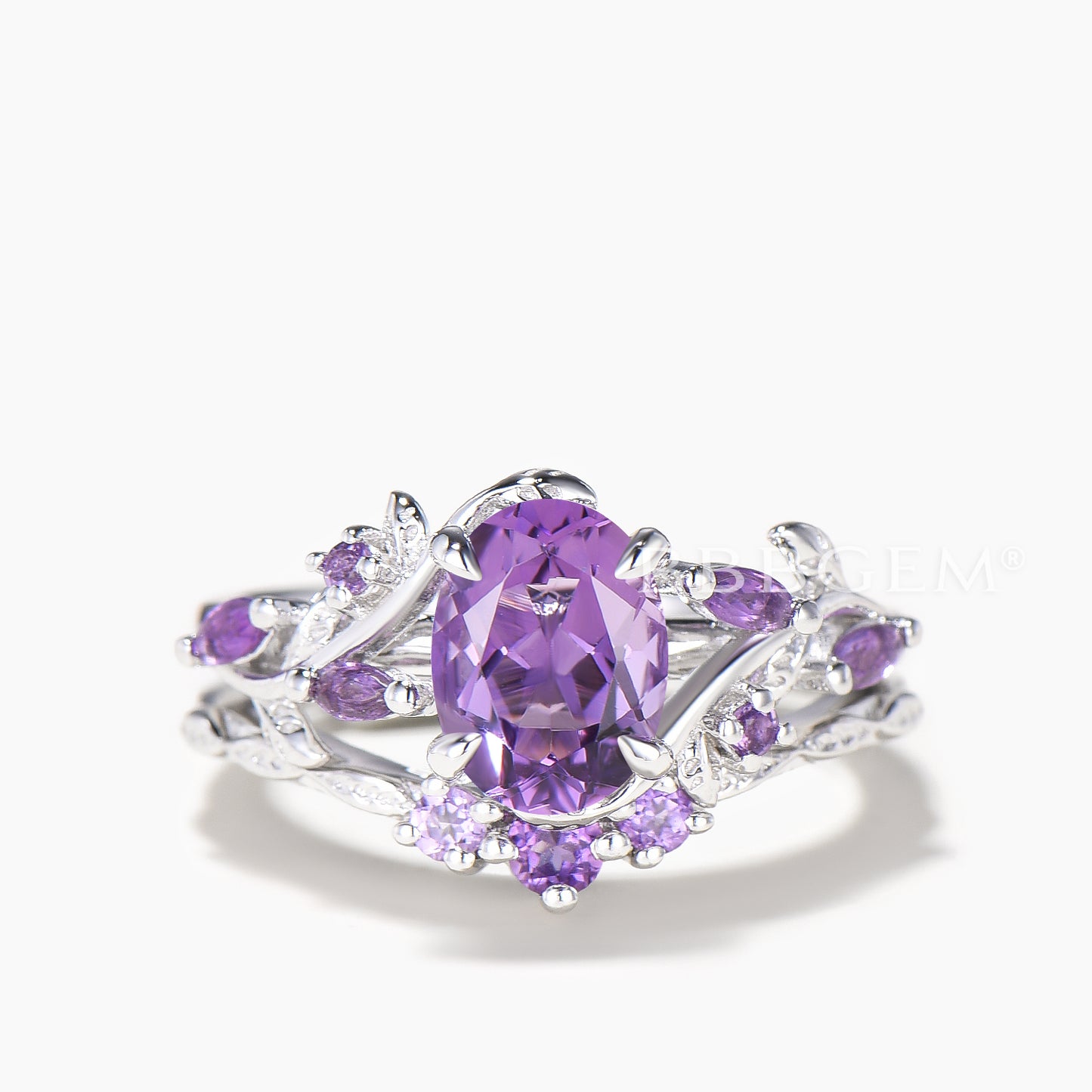 1.5CT Oval Cut Natural Amethyst Leaf Ring Amethyst Nature Inspired Ring Set