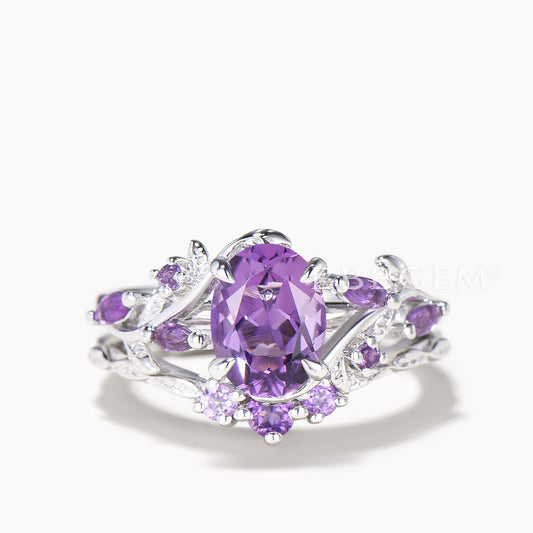1.5CT Oval Cut Natural Amethyst Leaf Ring Amethyst Nature Inspired Ring Set