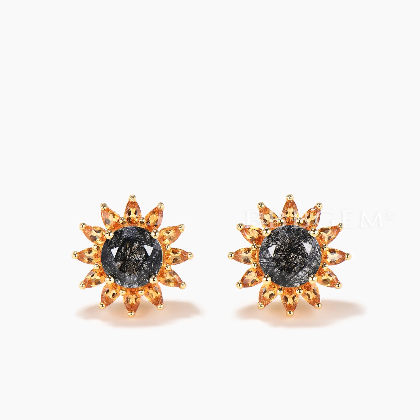 Round Cut Natural Black Rutilated Quartz Stud Earrings Citrine Halo Earrings