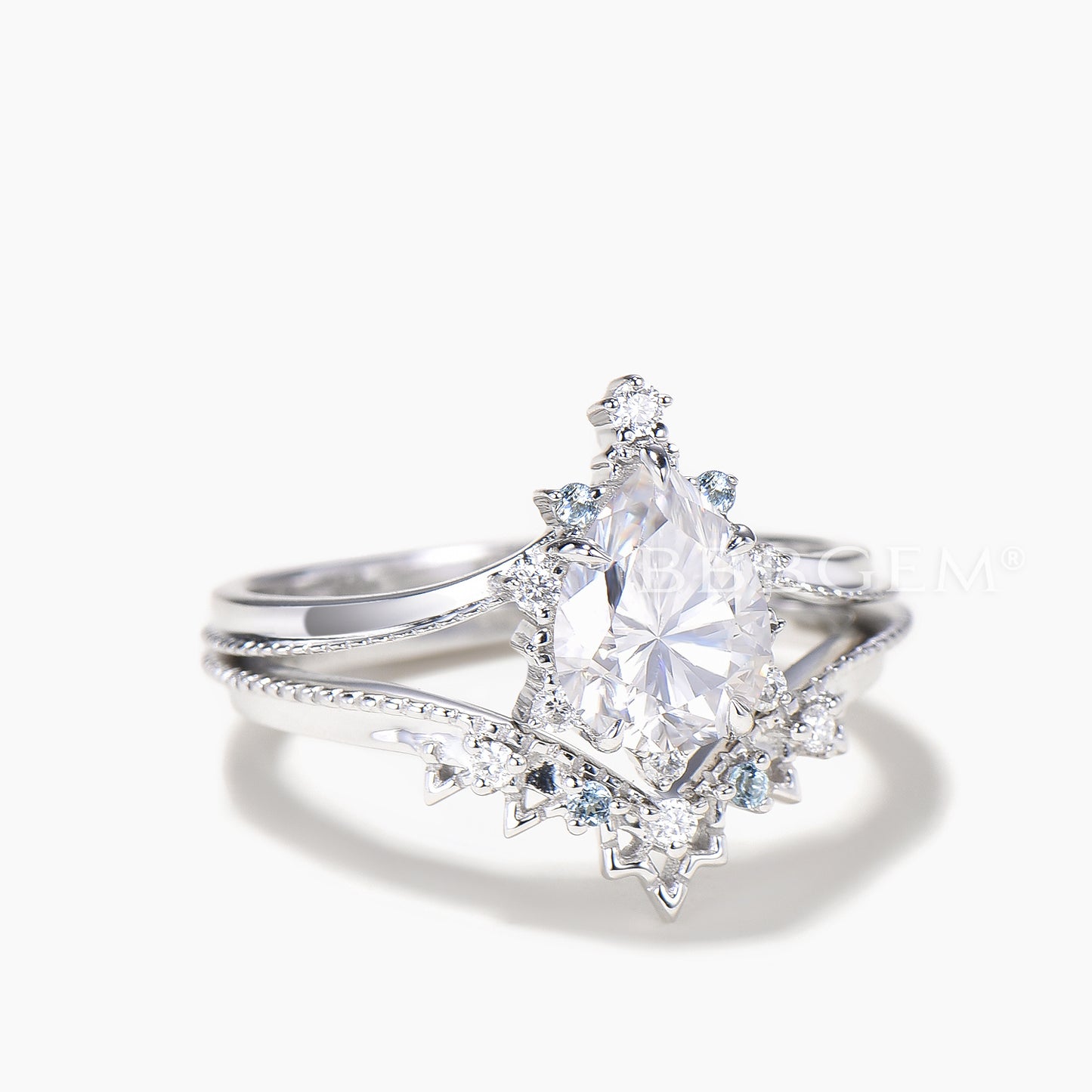 Pear Cut IGI Certificate Lab Grown Diamond Curved Ring Set Topaz Crown Band