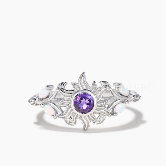 Round Cut Natural Amethyst Rapunzel Sun Engagement Ring Opal Accent Ring