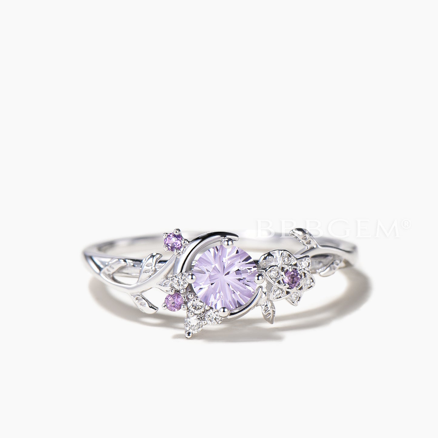 Round Cut Lavender Sapphire Moon Celestial Amethyst Inspired Engagement Ring
