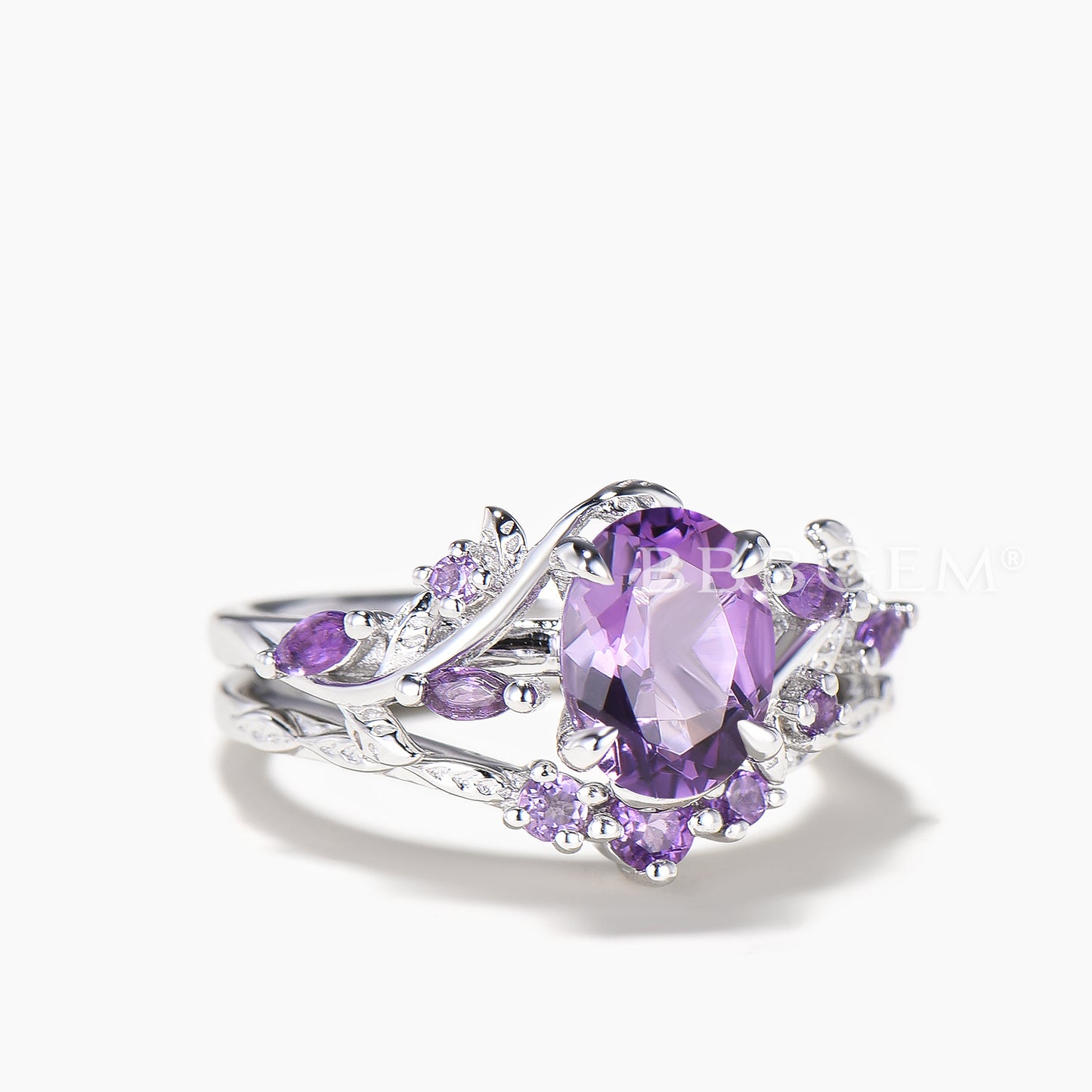 1.5CT Oval Cut Natural Amethyst Leaf Ring Amethyst Nature Inspired Ring Set