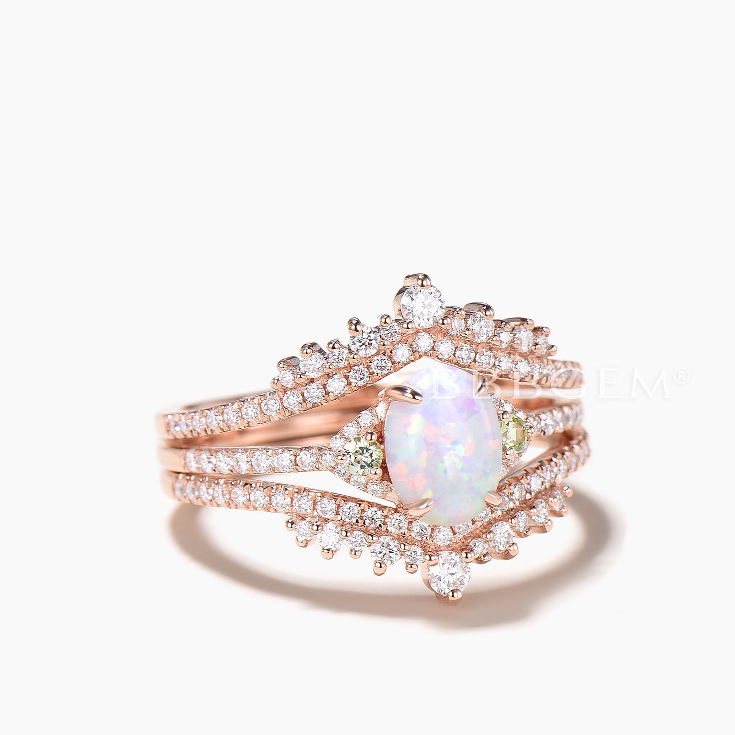 Oval Cut White Opal Cluster Bridal Ring Set Moissanite Enhancer Wedding Band