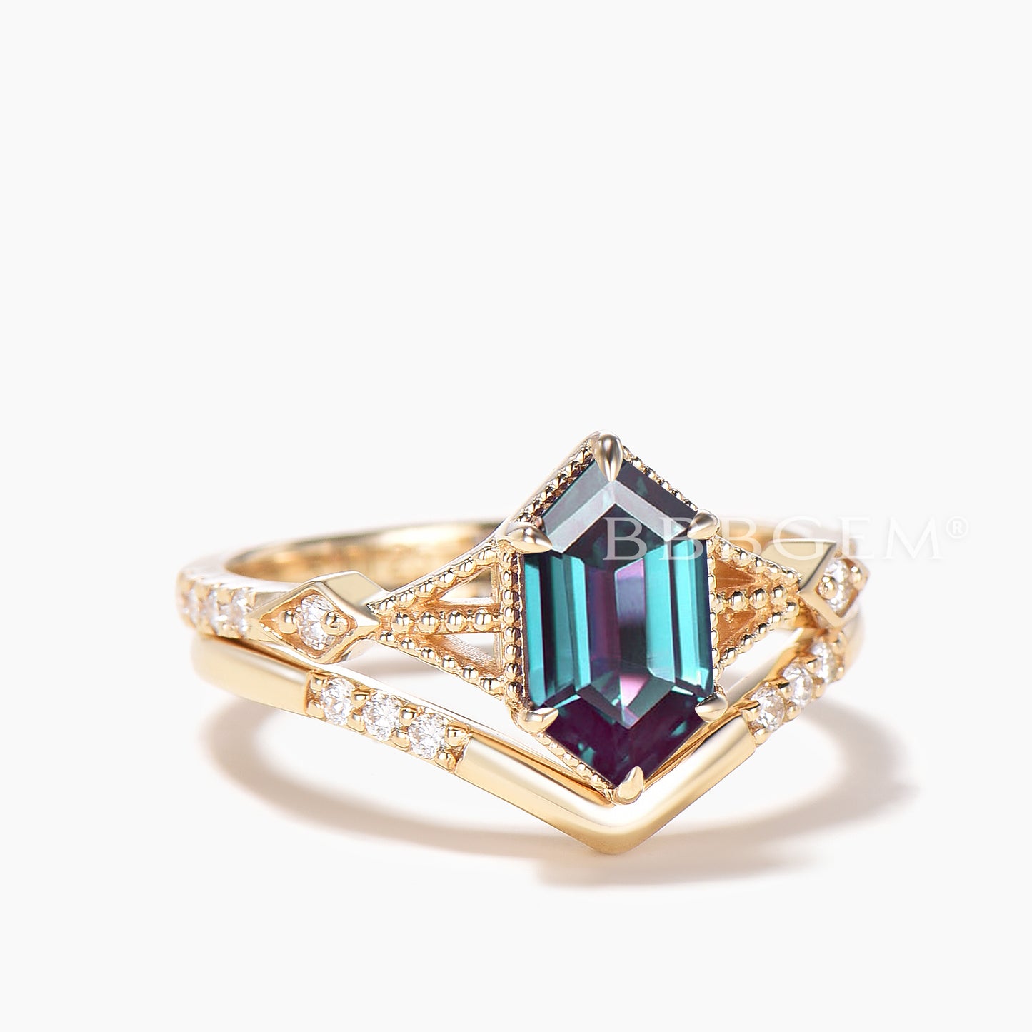 Hexagon Cut Color-change Alexandrite Bridal Ring Set Diamond Curved Band