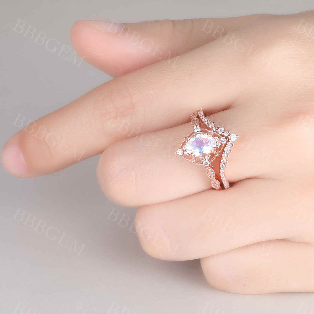 moonstone engagement ring set-BBBGEM 0.7 Carat rainbow moonstone ring set