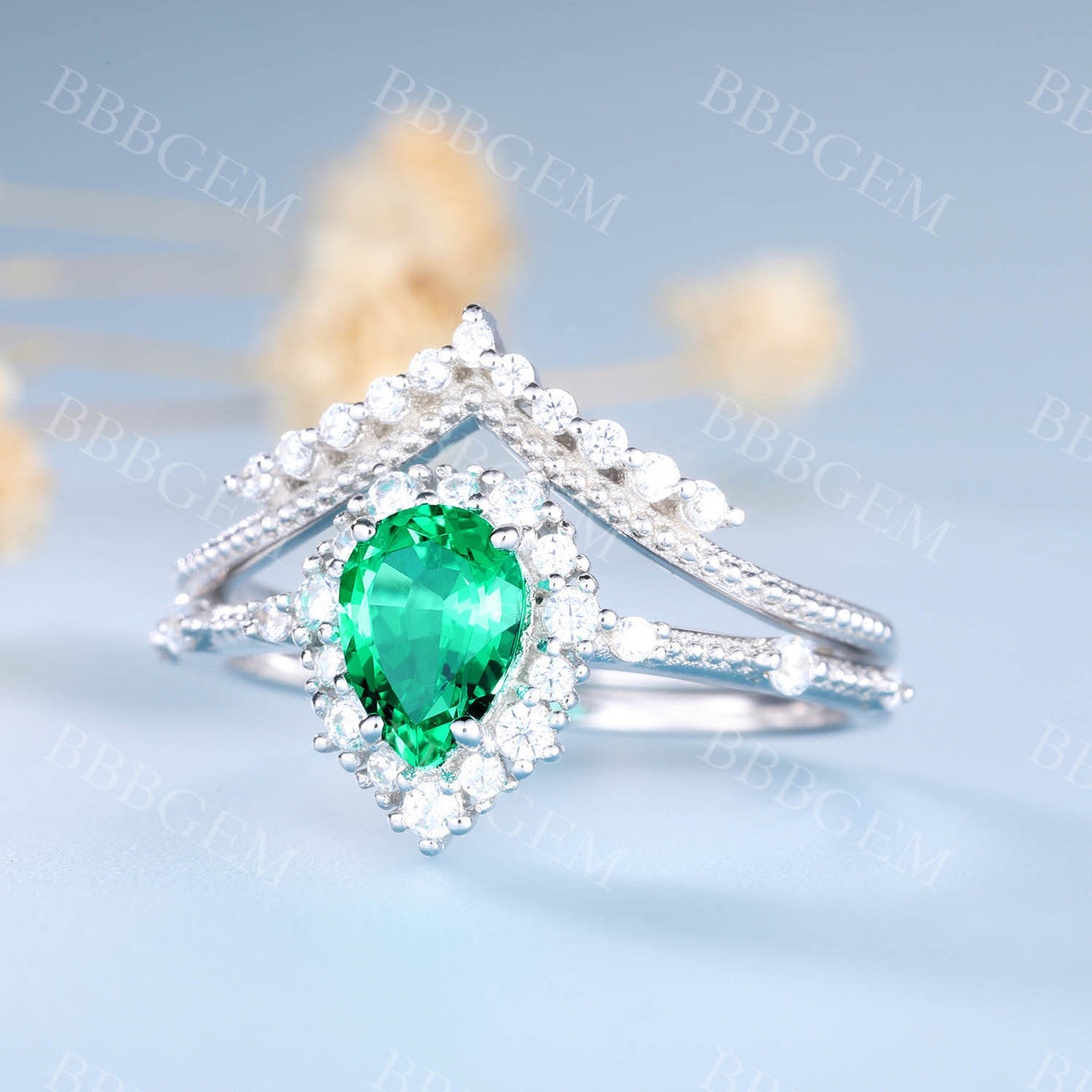 Pear Emerald Ring Set Green Emerald Gemstone Anniversary Ring Diamond Chervon Band