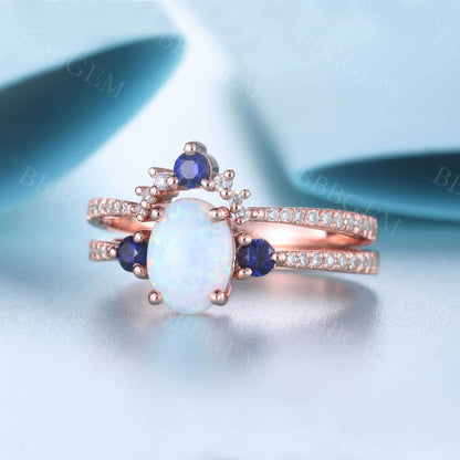 Sapphire Opal Bridal Set Antique Diamond Wedding Matching Band