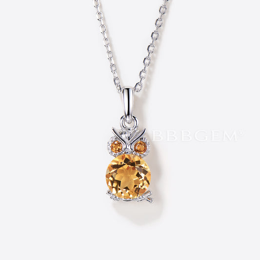 1.2CT Round Cut Natural Citrine Owl Pendant Necklace Crystal Healing Jewelry