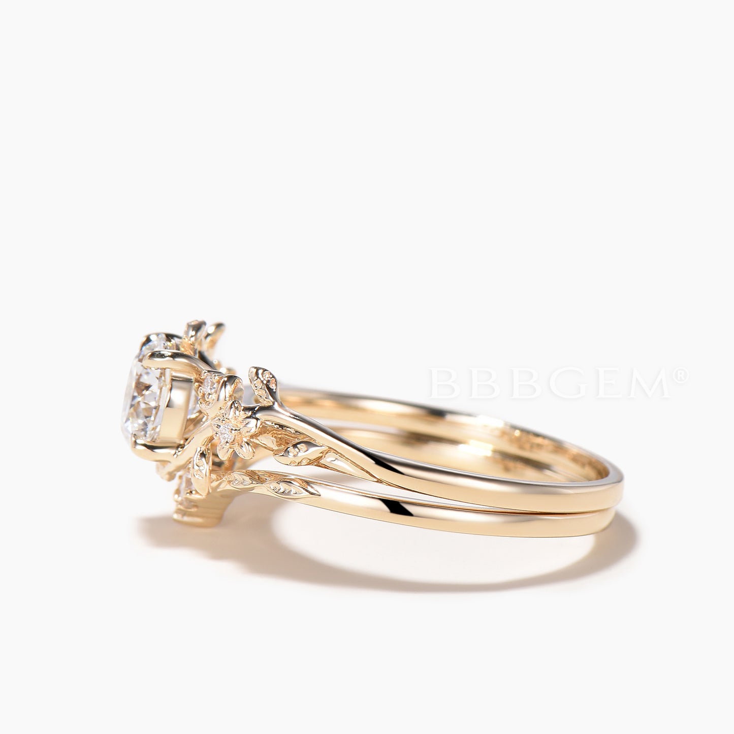 Round Cut IGI Certificate Lab Grown Diamond Twig Leaf Nature Inspired Ring Set