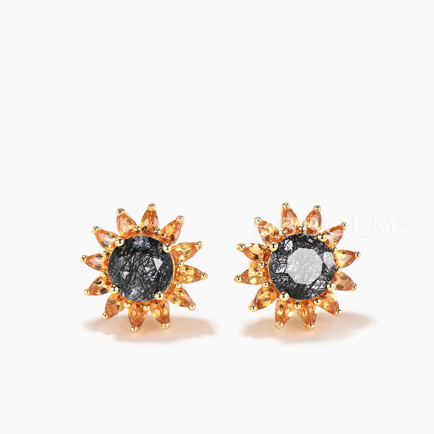 Round Cut Natural Black Rutilated Quartz Stud Earrings Citrine Halo Earrings