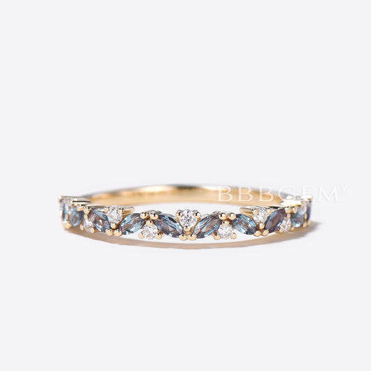 Marquise Alexandrite Wedding Ring Half Eternity Round Moissanite Band 14K Yellow Gold Anniversary Ring