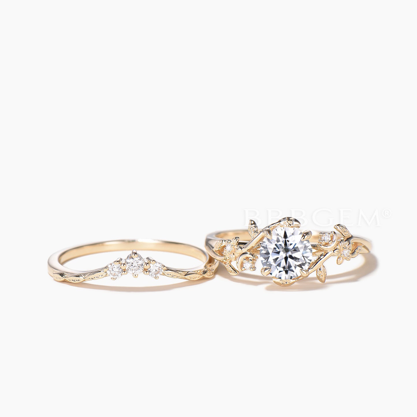 Round Cut IGI Certificate Lab Grown Diamond Twig Leaf Nature Inspired Ring Set