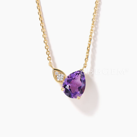 Pear Cut Natural Amethyst Necklace Moissanite Three Stone Wedding Pendant