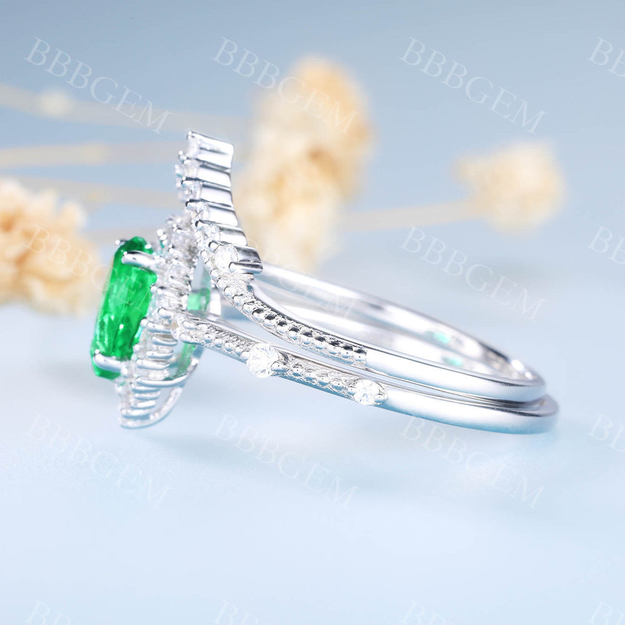 Pear Emerald Ring Set Green Emerald Gemstone Anniversary Ring CZ Chervon Band