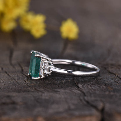 Solitaire Natural Emerald Cut Emerald And Baguette Cut Diamond Engagement Ring