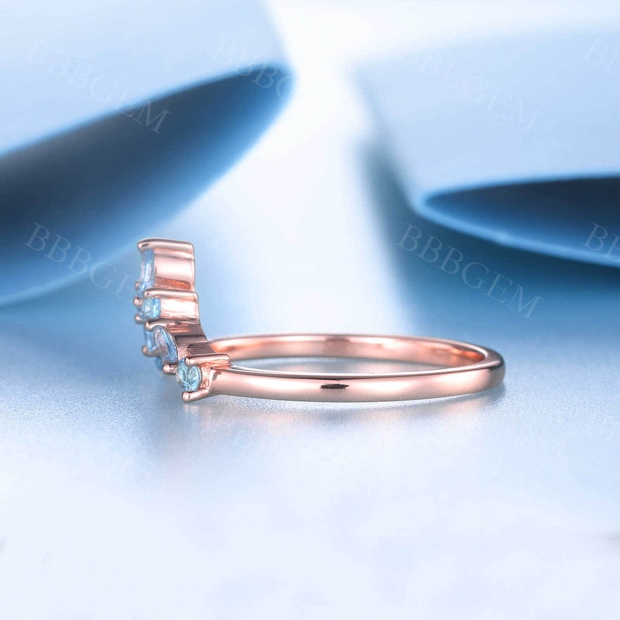 14K Rose Gold Blue Topaz Wedding Band Dainty Curved Stacking Ring December Birthstone Ring Gemstone Band