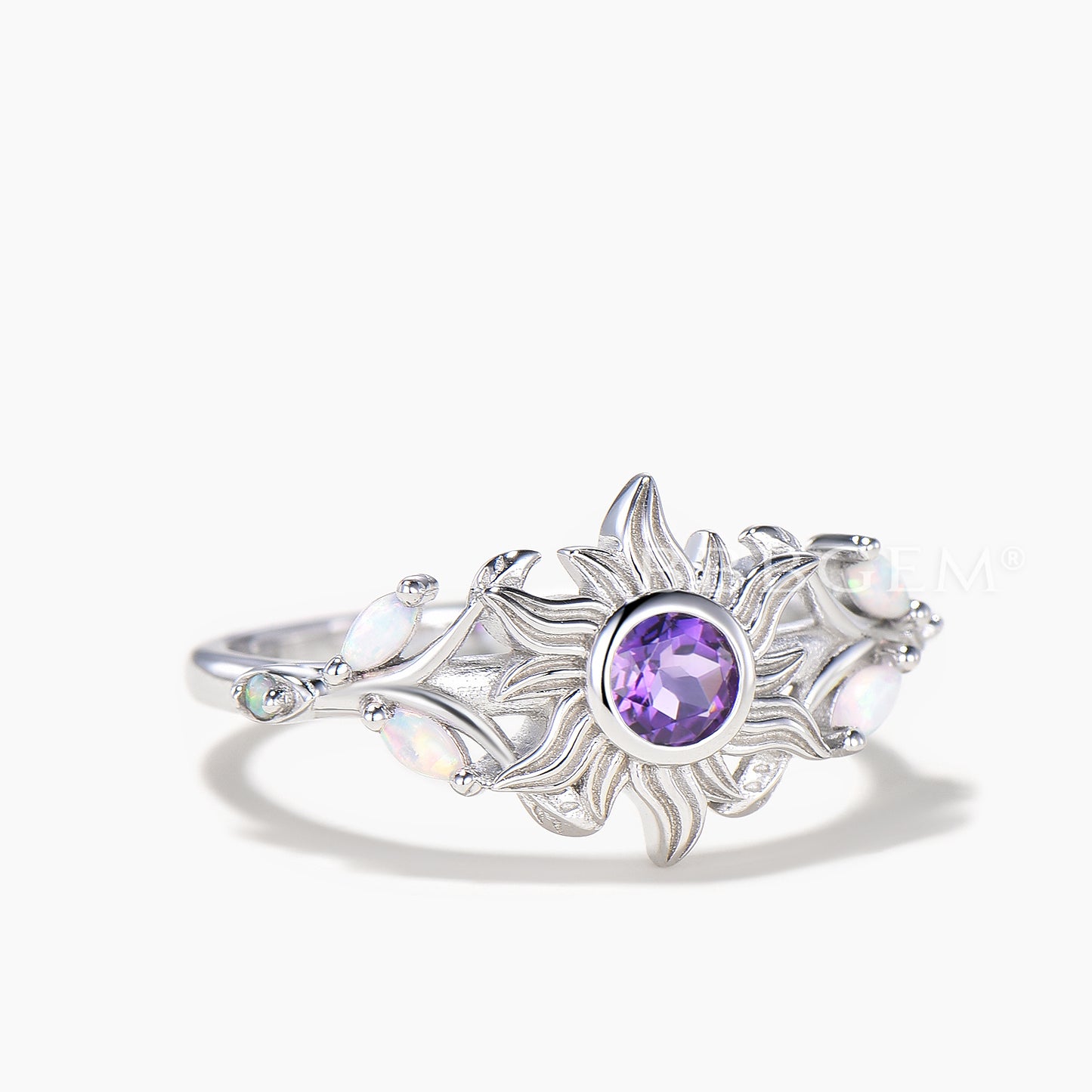 Round Cut Natural Amethyst Rapunzel Sun Engagement Ring Opal Accent Ring