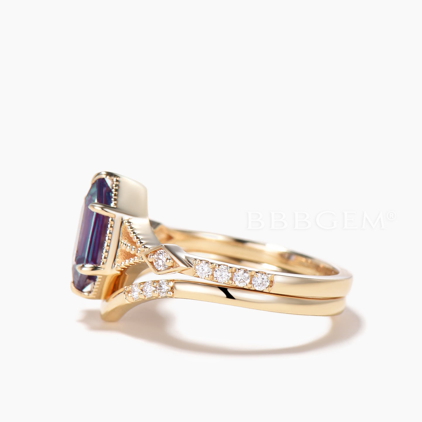 Hexagon Cut Color-change Alexandrite Bridal Ring Set Diamond Curved Band