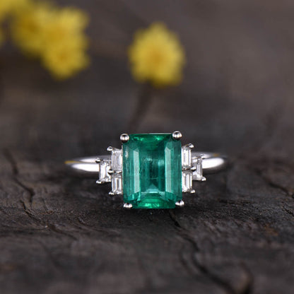 Solitaire Natural Emerald Cut Emerald And Baguette Cut Diamond Engagement Ring