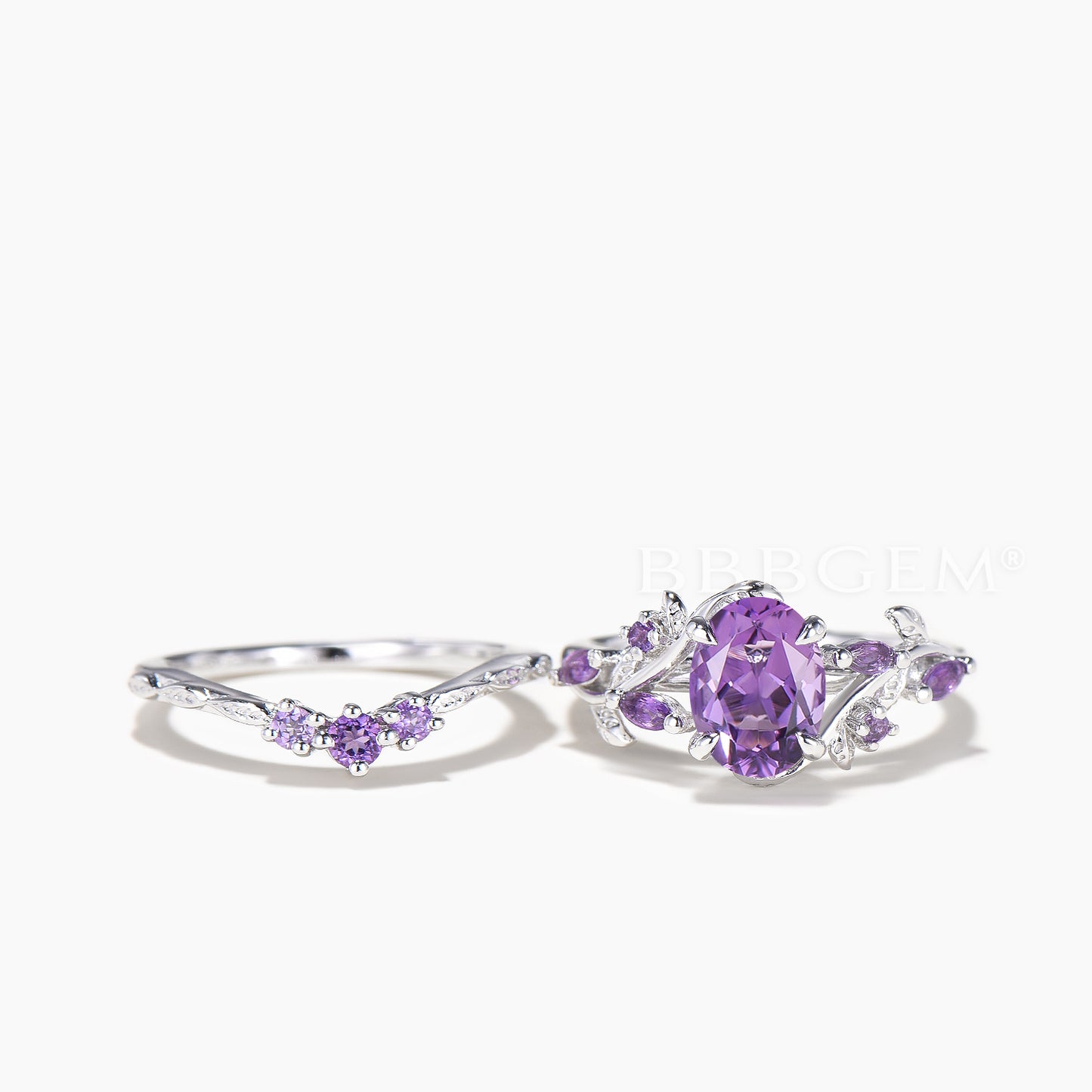 1.5CT Oval Cut Natural Amethyst Leaf Ring Amethyst Nature Inspired Ring Set