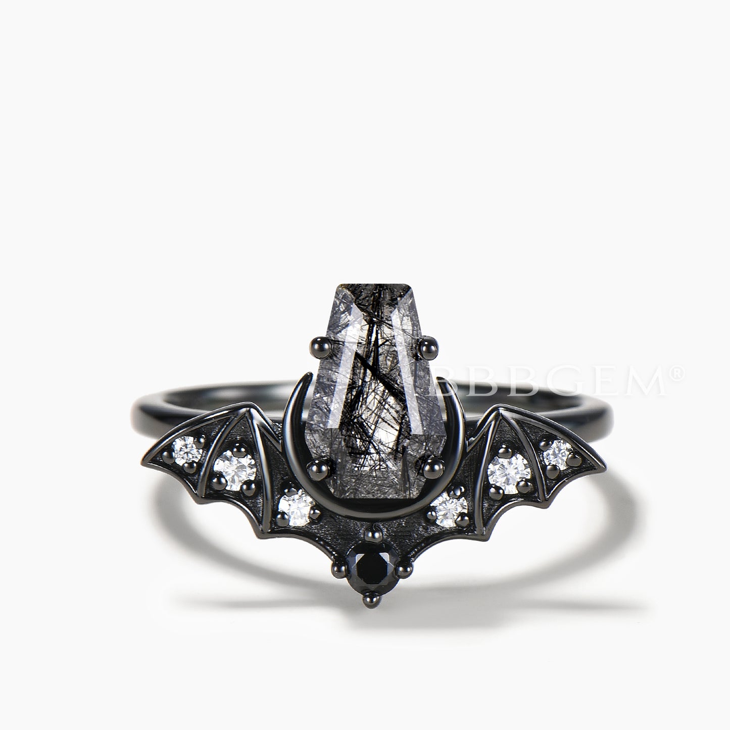 Retro Coffin Cut Natural Black Rutilated Quartz Gothic Bat Wedding Ring
